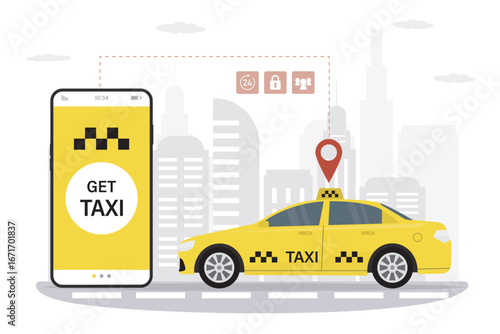 Taxi order on mobile phone, app online. Smartphone user interface with transport service. Yellow cab on city view, passenger vehicle, travel automobile application,