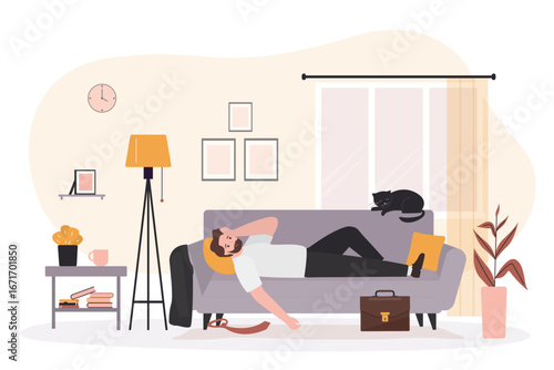 ired exhausted businessman lying on sofa after work. Burnout, overload. Fatigue and depression. Male character indoor, living room interior with furniture