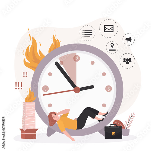 Tired woman delay tasks. Fatique businesswoman lying on alarm clock, metaphor of procrastination. Lazy employee in office. Lunch break and relaxation time, rest, burnout