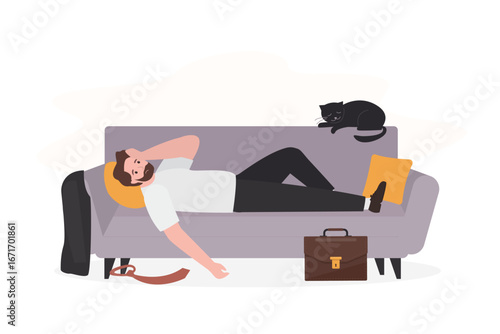 Tired exhausted businessman lying on sofa after work. Burnout, overload. Fatigue and depression. Male character isolated on white background.