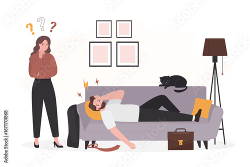 Exhausted businessman lying on sofa after work. Burnout, overload. Fatigue and depression. Unhappy wife looks at tired husband. Male and female characters. Room interior.