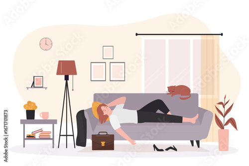 Tired exhausted businesswoman lying on sofa after work. Burnout, overload. Fatigue and depression. Female character in living room interior. Woman sleeping on couch.