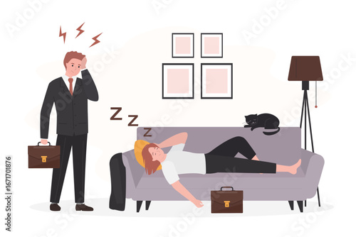 Exhausted woman lying on sofa after work. Burnout, overload. Fatigue and depression. Unhappy tired businessman come home. Male and female characters without energy.
