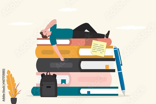 Burnout, student take break. Fatigue, tired student lying on stack of textbooks and relax. Male character feeling overwhelmed by demands of studying