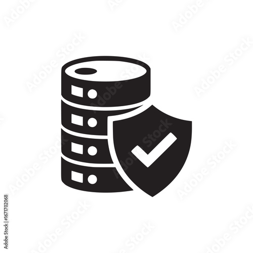 Black and white illustration of server stack with shield and checkmark for data security icon