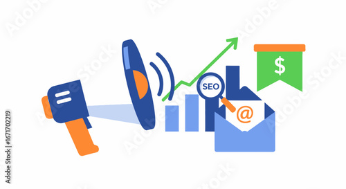 Modern marketing tools boosting email campaign performance with data analysis and financial growth on white backdrop, showcasing business success.