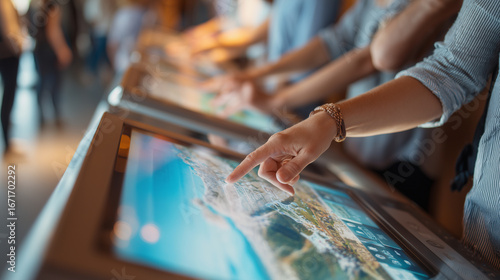 People choosing vacation packages on a touchscreen kiosk, people traveling, photo style