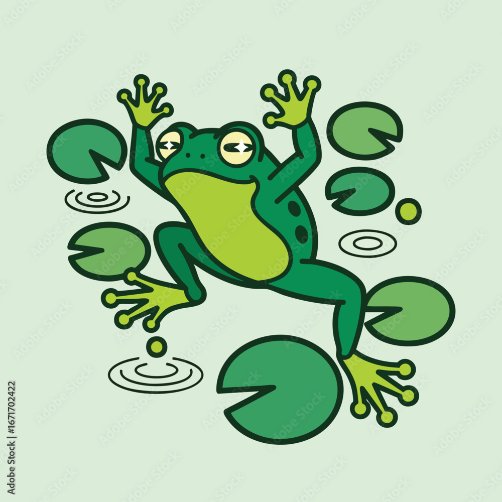 Fototapeta premium A Lively Green Cartoon Frog Jumping Mid Air.
