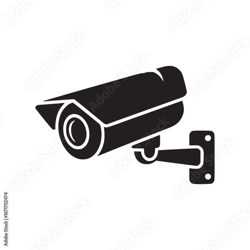 A black surveillance camera mounted on a white wall providing security and monitoring activity area