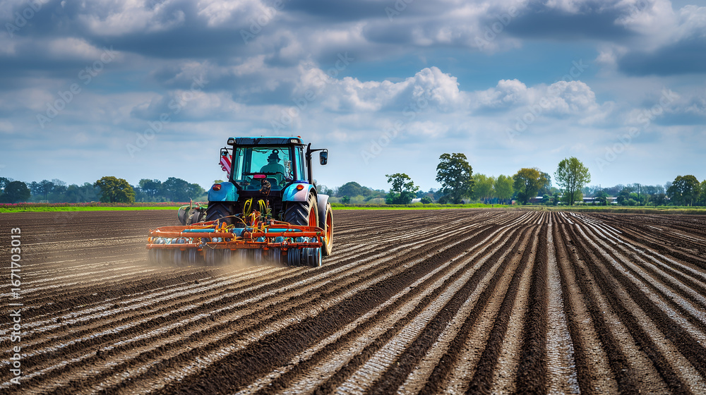 Fototapeta premium Tractor sowing seeds in rows across a wide field, farmers working in field , photo style