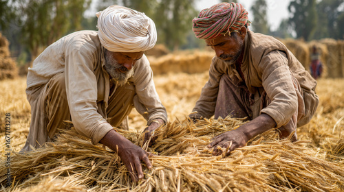Men threshing grain using wooden tools, farmers working in field , photo style