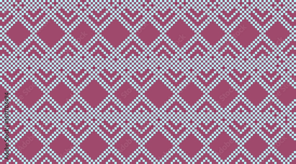 Fototapeta premium traditional embroidery or weaving, repeating geometric diamonds with burgundy and light blue color scheme.Ideal for a retro design, wallpaper, background