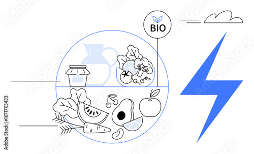 Fresh vegetables, fruits, and jar depicted inside a circular frame bio label and energy bolt nearby. Ideal for nutrition, sustainability, eco-living, wellness, energy balance natural food. Simple