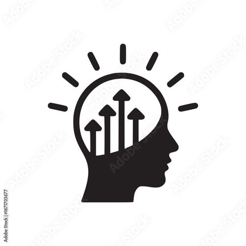 Black silhouette of a head with arrows pointing upward inside and lines radiating outward around the head