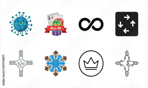 Collection of diverse icons including virus infinity symbol crown and arrows