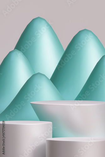 Abstract Teal and Gray 3D Render with Cylindrical Platforms, 3D Silver Gray Circular Podium for Product Display