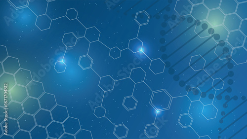 Modern science background featuring glowing hexagon shapes molecular structures dna strand and abstract connections on a blue space theme for research and technology concepts