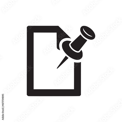 Black silhouette of a paper sheet secured with a pushpin against a plain white background design icon
