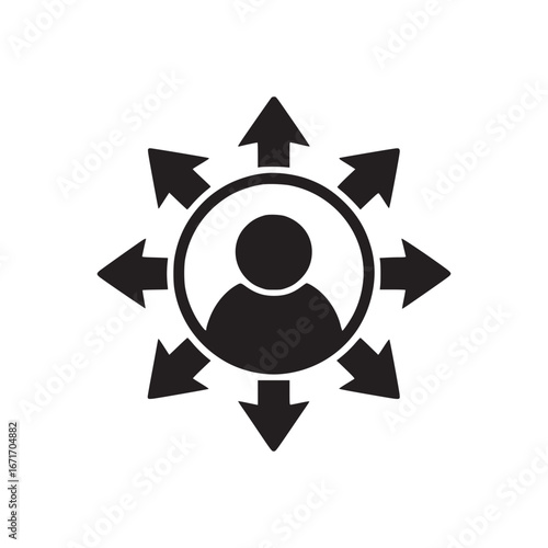 Black silhouette of a person in a circle with arrows pointing outwards on a white background design