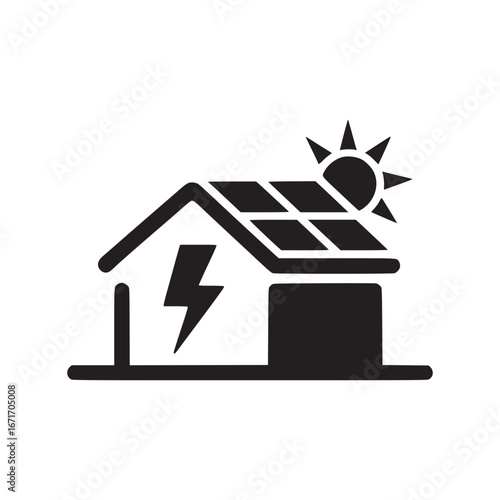 A black and white icon of a house with solar panels and a lightning bolt symbol on its side