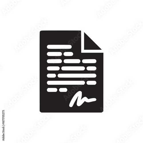 A black and white illustration of a document with text and a signature on a white background image