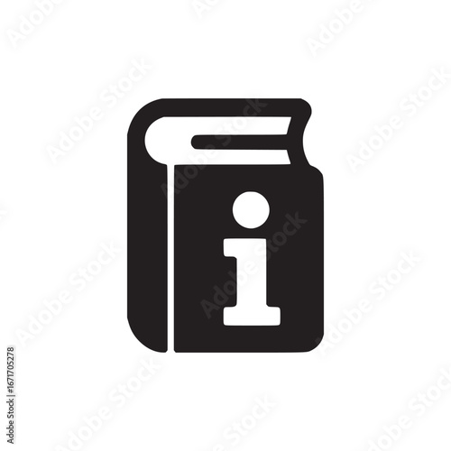 Black and white information book icon with a stylized letter i on the cover in a simple design