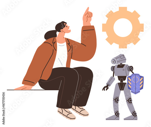 Woman seated, pointing upwards thoughtfully next to a gear and a robot holding a shield. Ideal for innovation, technology, teamwork, artificial intelligence, protection, creativity, problem-solving