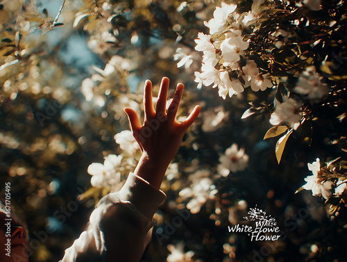 Reaching out to nature s gentle embrace among blooming white flowers