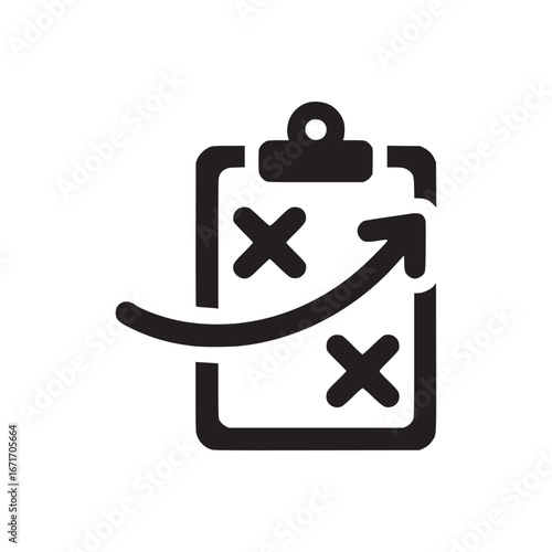 A black and white illustration of a clipboard with two x marks and an arrow on a white background