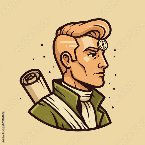 Stylized illustration of a man with a coin on his forehead and a scroll.