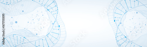 Abstract image of DNA molecule on wireframe wave. Scientific vector background.