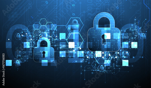 Abstract technological background on the topic of information protection. Various technological elements with padlocks inside which is a digital code.