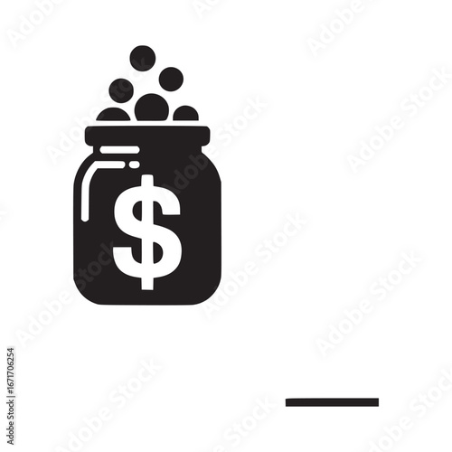 A black and white icon of a jar filled with money and a dollar sign on the front of the jar
