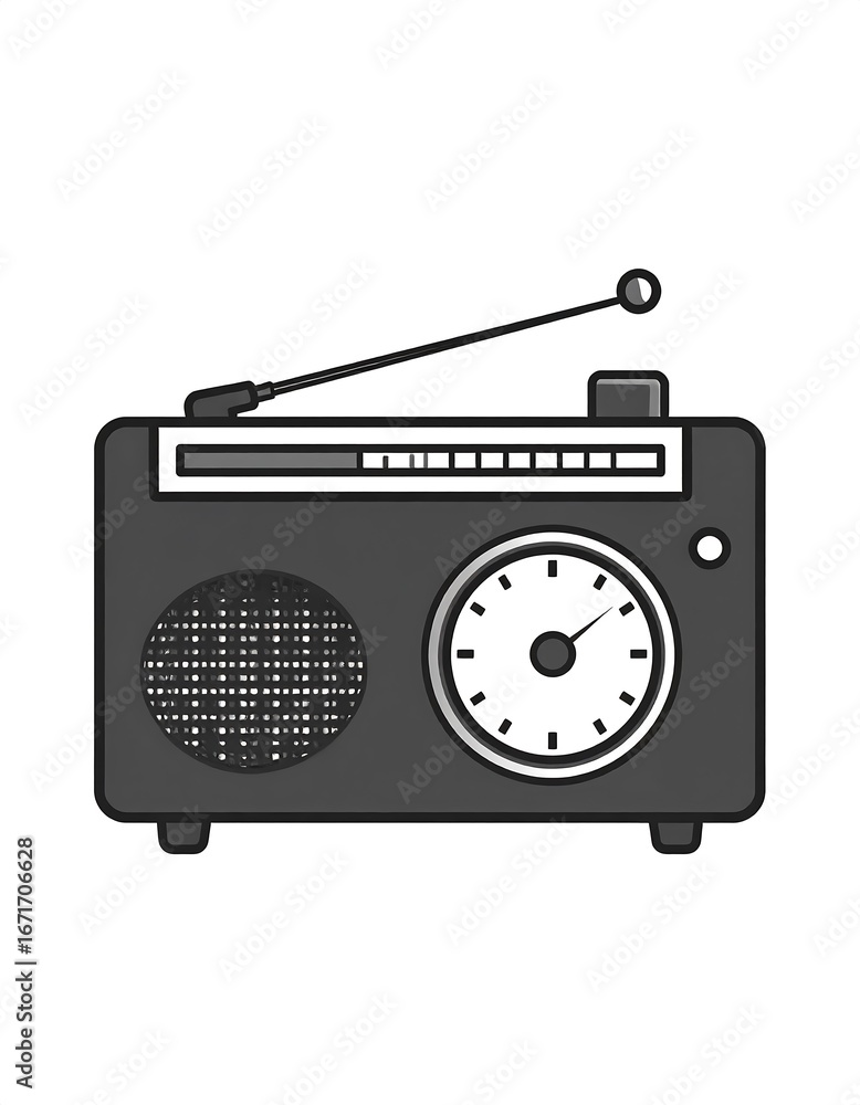 Fototapeta premium A stylized illustration of a vintage-style radio, presented in monochromatic shades, with a focus on its functional components.