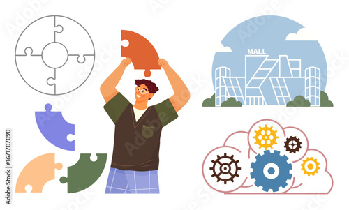 Man holding puzzle piece, assembling diagram with gears and stylized mall building. Ideal for teamwork, problem-solving, innovation, construction, planning, creativity business strategy. Simple flat