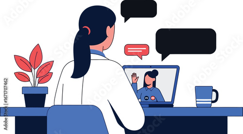 Illustration of a woman in a white coat video conferencing with another woman on a laptop, with speech bubbles and a plant on a blue desk.