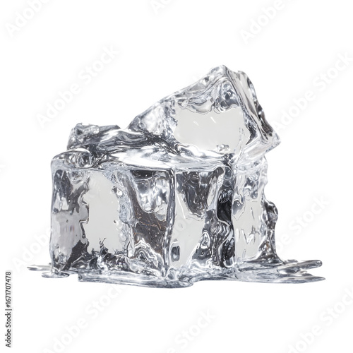 Cracked and melting ice cubes stacked together in a pile isolated on transparent background