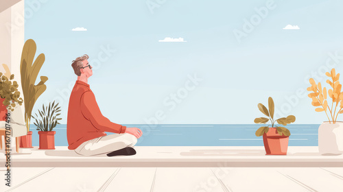 person practicing morning breathing exercises on balcony immersed in nature sounds