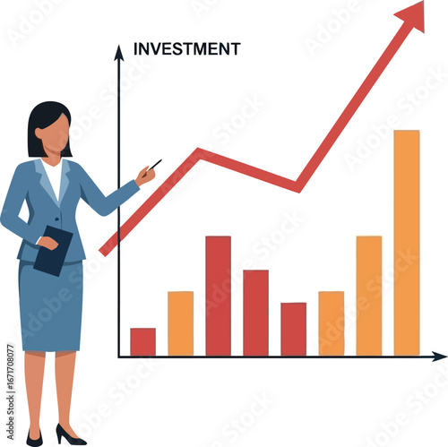 Businesswoman presenting investment growth chart, highlighting increasing profits.