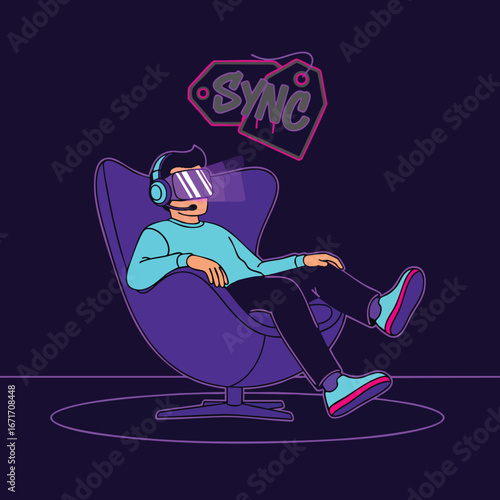 Man wearing virtual reality headset and headphones relaxing in a chair.