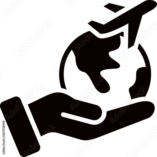 Icon of Global and plane in hand silhouette vector. Air travel agency icon. Hand holding Airplane flying over globe. Travel, tourism, vacation concept. airlines icon. Globe and airplane on the hand