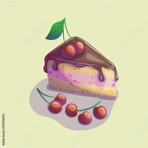 A tasty cute slice of cherry creamy cake with chocolate icing on top and cherries