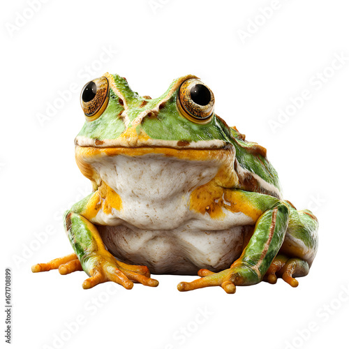 Detailed close up of a vibrant green and orange tree frog sitting alertly isolated on transparent background