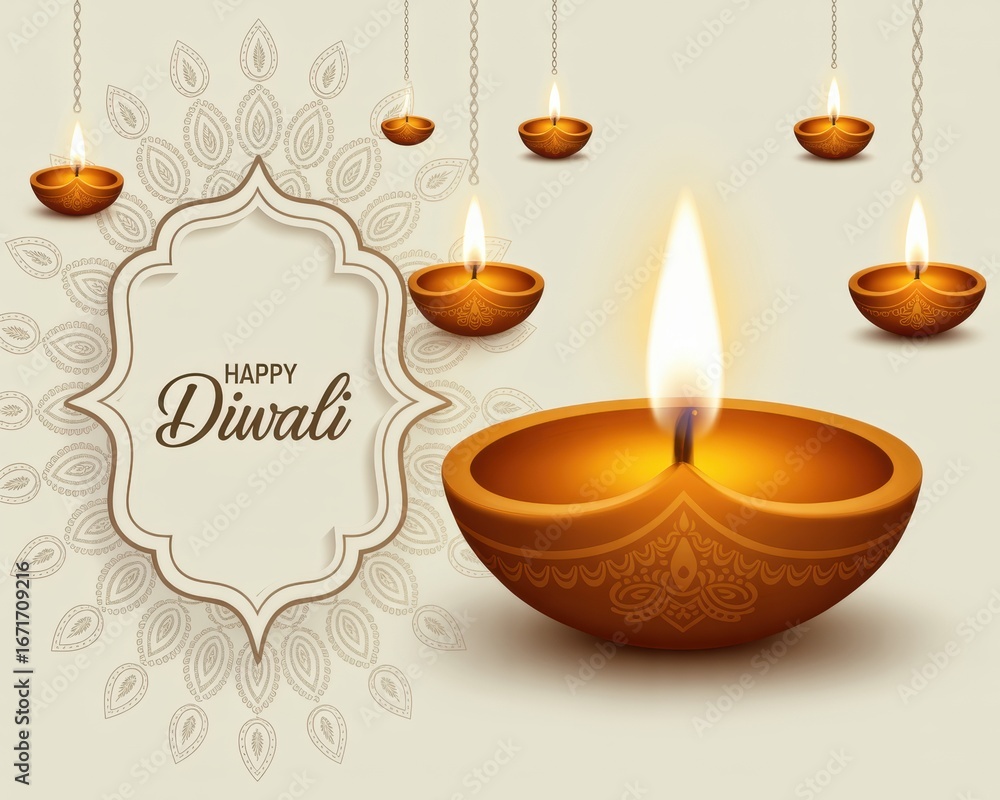 Naklejka premium Happy diwali greeting with illuminated diyas and decorative elements, celebrating the festival of lights with traditional lamps and intricate patterns