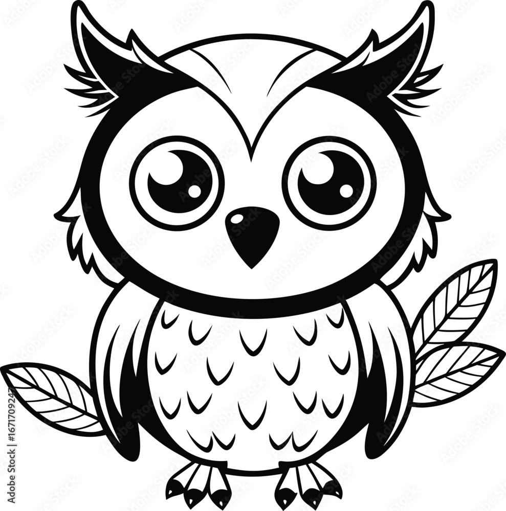 Fototapeta premium Stylized Owl Illustration Cute Black and White Design Featuring Big Eyes and Feathered Details for Graphic Projects