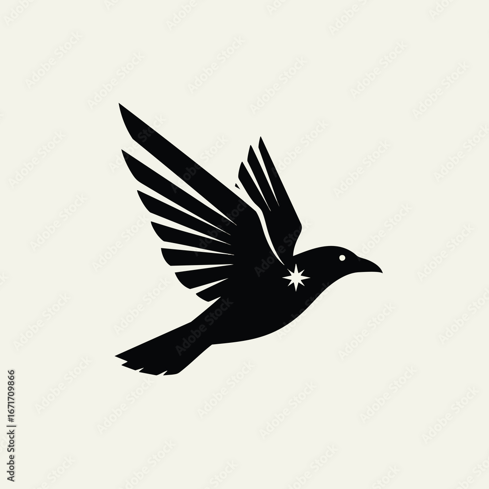 Fototapeta premium Black Bird Silhouette in Flight Star Detail.