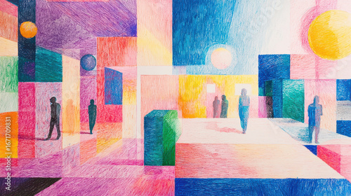 Vibrant crayon drawing depicting colorful sci fi scene with abstract shapes and silhouettes of people. artwork evokes sense of wonder