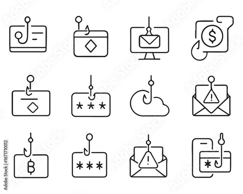 Set of outline icons related to scam, phishing. Linear icon collection