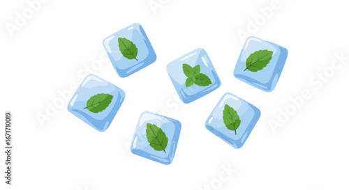 Refreshing Mint Ice Cubes Illustration for Summer Drinks and Cocktails, Fresh Green Herbs Frozen in Clear Water for Cooling Beverages
