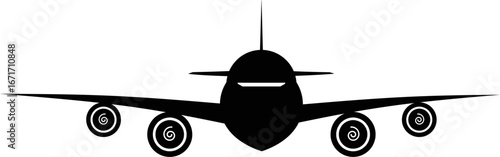 Flying Airplane front view silhouette vector. Airplane flying. Passenger plane in flight on a white background. Jumbo jet, cargo plane, commercial jet airplane with engines
